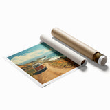 Extra large rolled print featuring a caravan design in muted earth tones, ideal for classy bathroom wall art.