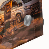 Mid-century modernist acrylic print featuring a large abstract depiction of vehicles, in muted earth tones.