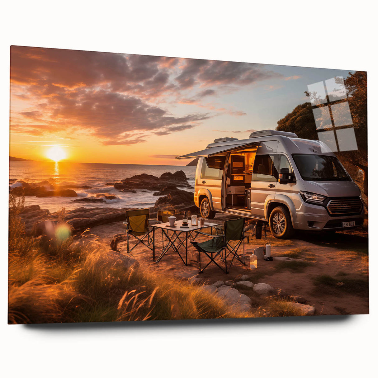 Side view of a caravan depicted in muted earth tones on a large acrylic print, suitable for bedroom or dining room decor.