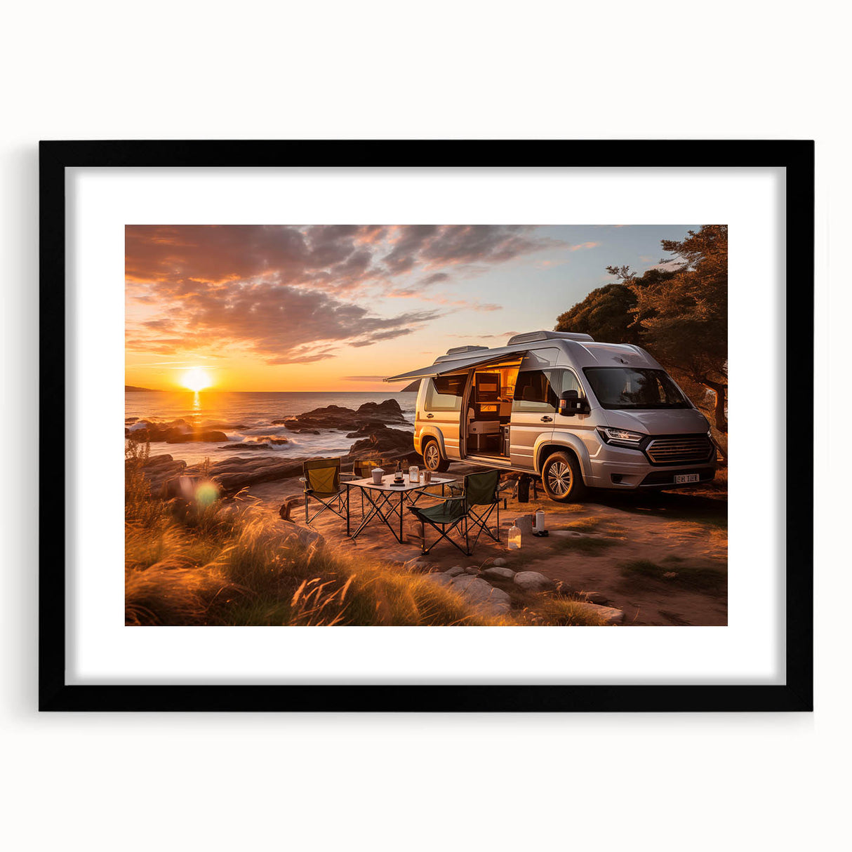 Colorful abstract art print featuring textured caravan designs in vibrant shades, framed in black.
