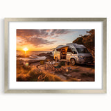 Abstract art print of a caravan in muted earth tones on a silver-framed canvas, suitable for dining room decor.