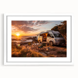 Extra large abstract art print of a caravan in textured style, muted earth tones, framed with white mat.