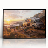 Large abstract wall art depicting a caravan in mid-century modernist style, framed in black acrylic.