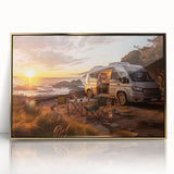 Mid-century modernist art of a caravan in muted earth tones, framed acrylic, ideal for nursery wall art.