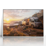 Mid-century modernist style caravan depicted in vibrant colors on a white acrylic framed print.