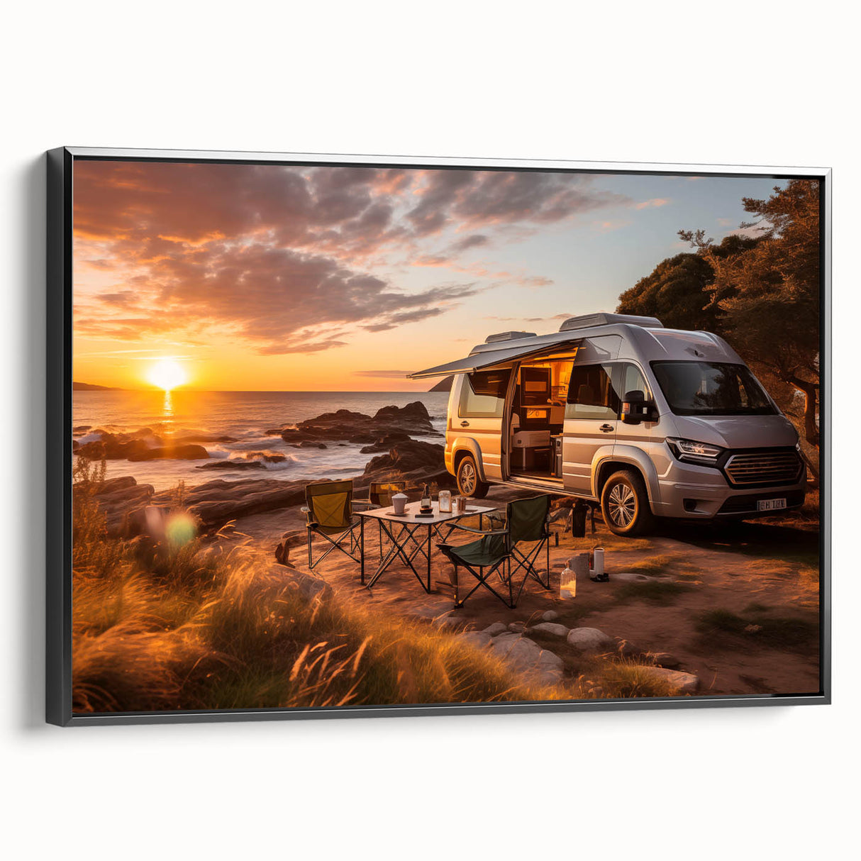 Black and white vintage poster art of a caravan in a landscape, printed on framed canvas, suitable for bedroom decor.