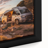 Extra large black wall art featuring a colorful, textured caravan design on a framed canvas, suitable for living room decor.