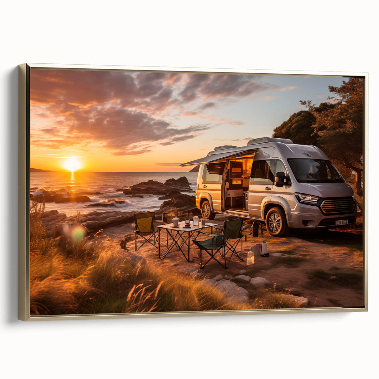 Framed canvas featuring a vintage caravan in a colorful landscape, ideal for adding a retro vibe to any room.
