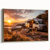 Framed canvas featuring a vintage caravan in a colorful landscape, ideal for adding a retro vibe to any room.