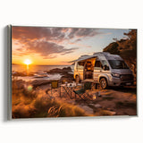 Vintage poster art of a silver caravan on a black background, ideal for extra large living room wall art.