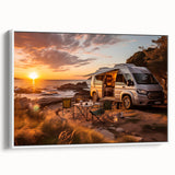 Framed canvas featuring a vintage poster of a black caravan in a landscape, ideal for bedroom wall decor.