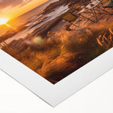 Art deco poster featuring a streamlined vintage caravan in soft beige and brown tones on a rolled canvas.