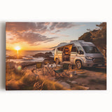 Black and white photograph of a vintage caravan on stretched canvas, ideal for kitchen wall art.