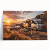 Black and white photo of a vintage caravan on stretched canvas, ideal for kitchen wall art or bedroom ambiance.