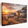 Vintage caravan print on large stretched canvas with muted earth tones, suitable for kitchen wall art.