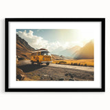 Abstract art print featuring a colorful, textured caravan design on a large canvas, framed in black.