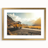 Textured abstract art print of a caravan in muted earth tones on a gold-framed mat, suitable for bedroom decor.