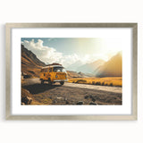 Abstract art print depicting a caravan in muted earth tones on a silver-framed mat.