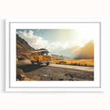 Extra large abstract art print of a caravan, featuring textured details in neutral tones, framed with white mat.