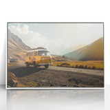 Mid-century modernist style caravan depicted in neutral tones on a white acrylic framed print, suitable for nursery wall art.