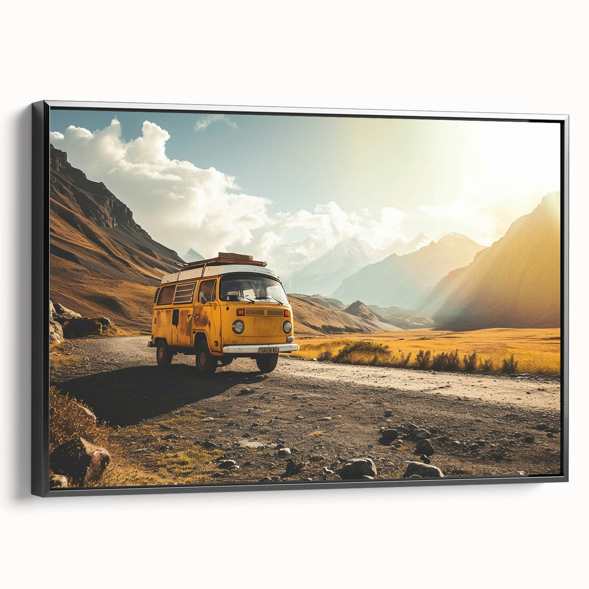 Black and white framed canvas featuring a vintage caravan in a landscape setting, suitable for bedroom decor.