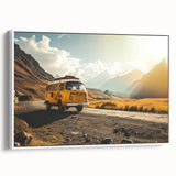 Framed canvas depicting a vintage caravan in a landscape, utilizing black and white tones, ideal for bedroom wall art.