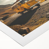 Art deco poster of a vintage caravan in muted pastel shades on rolled canvas, suitable for dining room decor.