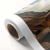 Art deco style caravan illustration in pastel shades on rolled canvas, ideal for nursery wall art.