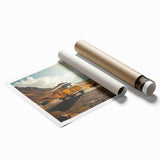 Extra large rolled print depicting a caravan, rendered in muted earth tones, ideal for classy bathroom wall art.
