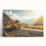 Black and white photo of a vintage caravan on stretched canvas, ideal for kitchen wall art.