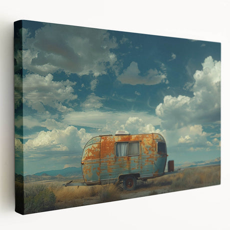 Side view of a vintage caravan in muted earth tones on a stretched canvas, suitable for kitchen wall art.