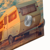 Mid-century modernist large abstract wall art of a caravan, in muted earth tones on acrylic glass, ideal for dining room art.