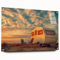 Side view of a caravan depicted in vibrant colors on an acrylic glass print, suitable for bedroom or dining room decor.