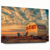 Side view of a caravan depicted in large abstract style on acrylic glass, using muted earth tones.