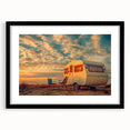 Extra large abstract art print of a colorful caravan, textured on a black framed canvas, ideal for living room decor.
