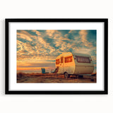 Extra large abstract art print of a colorful caravan, textured on a black framed canvas, ideal for living room decor.