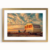 Abstract art print featuring a textured caravan in gold and beige tones on a framed canvas, ideal for bedroom art.