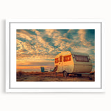 Extra large abstract art print featuring a textured caravan in muted earth tones on a white framed canvas.