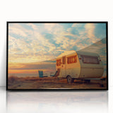 Large abstract wall art featuring a mid-century modernist caravan design in muted earth tones, framed in black acrylic.