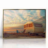 Mid-century modernist art of a caravan in muted earth tones on framed acrylic, ideal for nursery wall decor.
