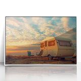 Mid-century modernist style caravan in pastel colors on a white acrylic framed print, ideal for nursery wall art.