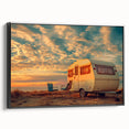 Black and white vintage poster art of a caravan landscape on framed canvas, ideal for bedroom wall decor.
