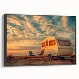 Black and white vintage poster art of a caravan landscape on framed canvas, ideal for bedroom wall decor.
