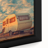 Framed canvas depicting a textured, colorful caravan scene on a black background, suitable for living room decor.