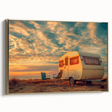 Framed canvas depicting a vintage caravan in a landscape, with colorful art on a black background.