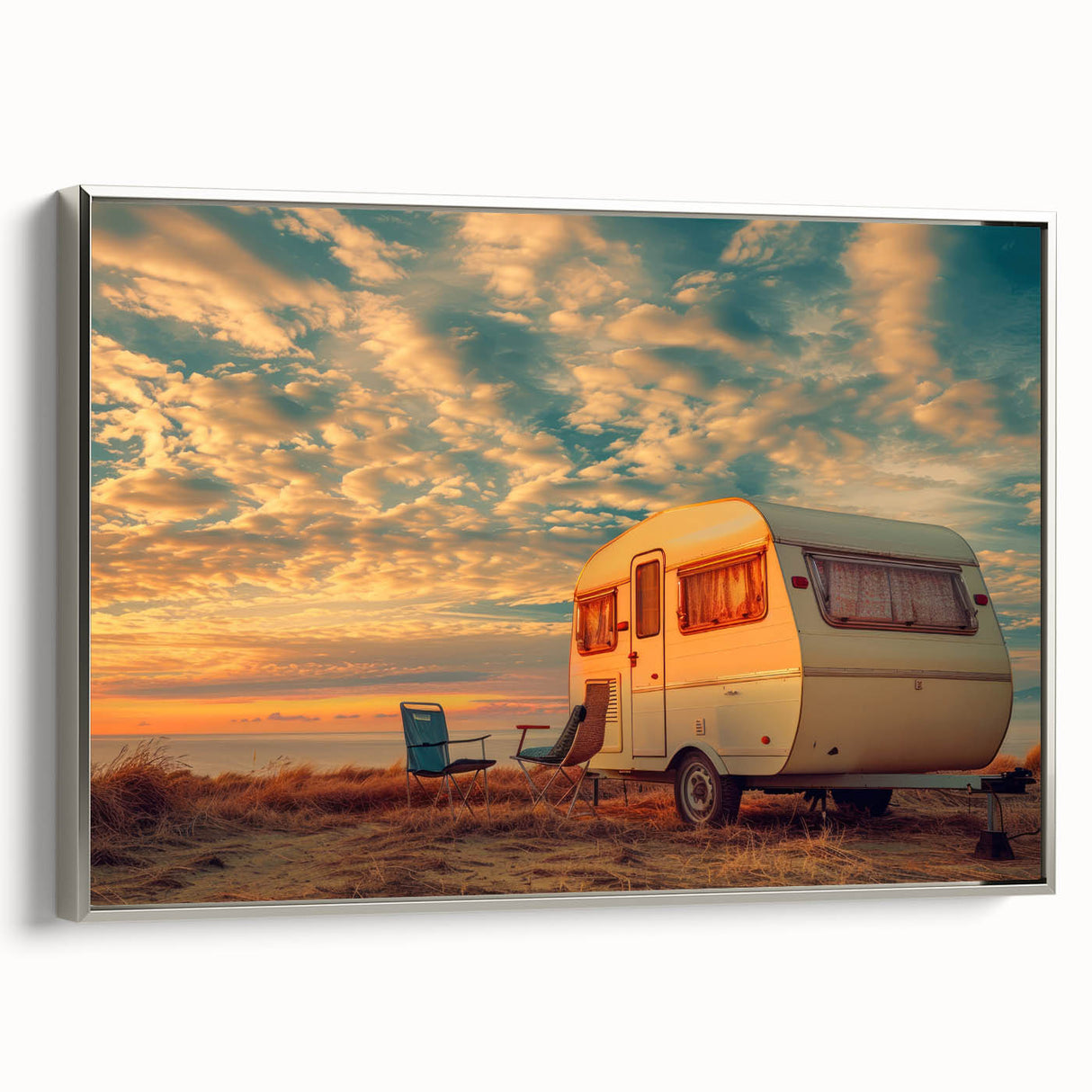 Framed canvas vintage poster art of a silver caravan in black and colorful art style.