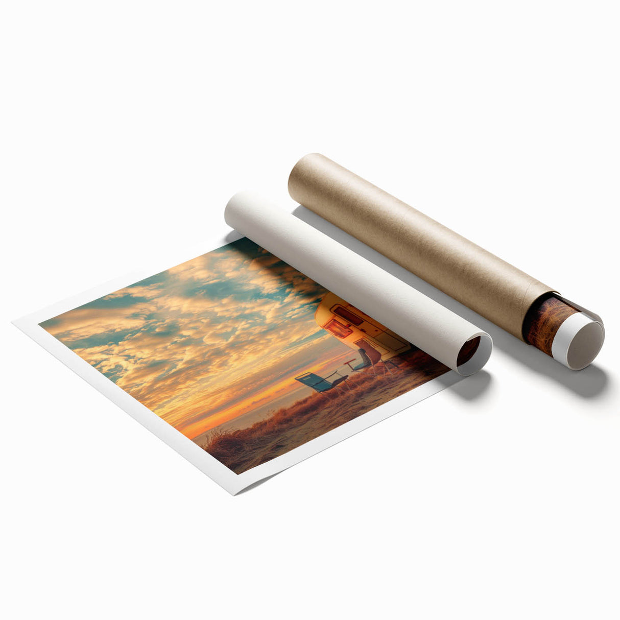 Extra large rolled print featuring a floral caravan design in muted earth tones, ideal for classy bathroom wall art.