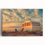 Black and white stretched canvas featuring a vintage caravan, ideal for kitchen wall art.