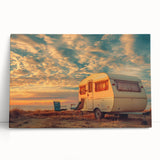 Black and white photo of a vintage caravan on large stretched canvas, suitable for kitchen wall art or bedroom decor.