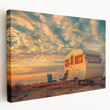 Side view of a vintage caravan on stretched canvas with muted earth tones, suitable for kitchen wall art.
